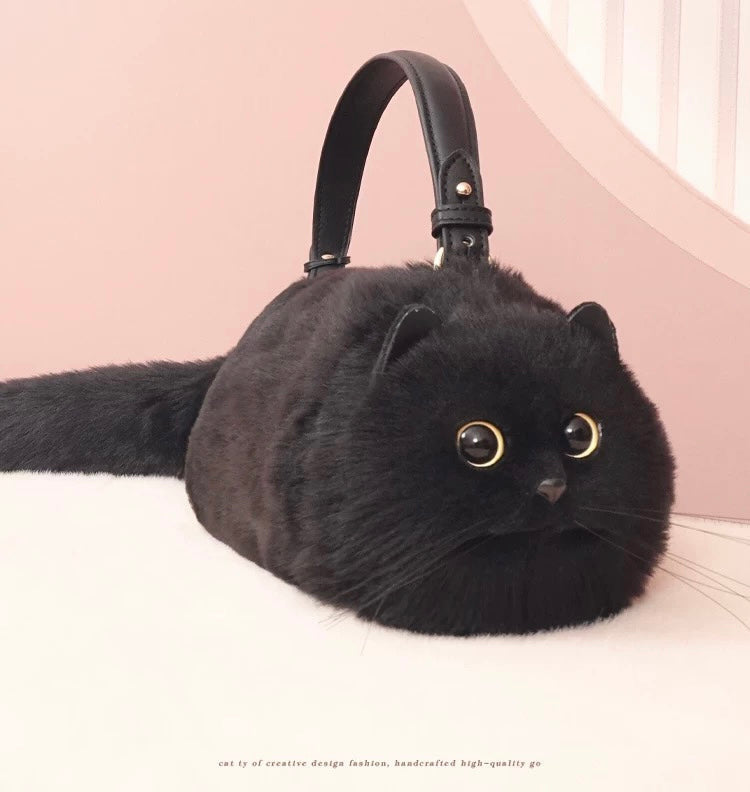 Fluffy Realistic Cat Purse Black