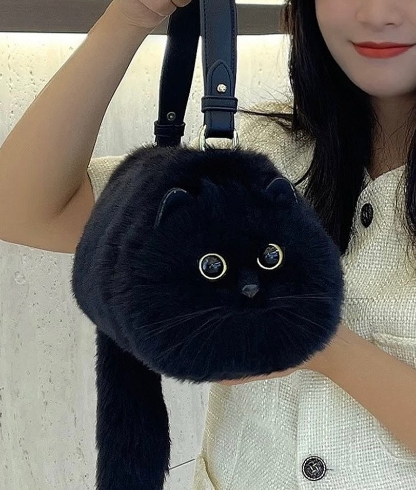 Fluffy Realistic Cat Purse Black