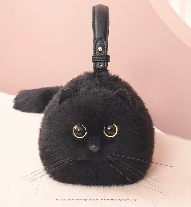 Fluffy Realistic Cat Purse Black